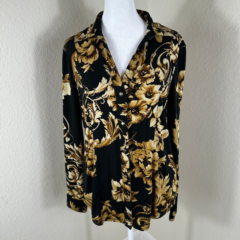 Cache Button Down Shirt Womens Medium Black Gold Baroque Floral Scroll Print Top
